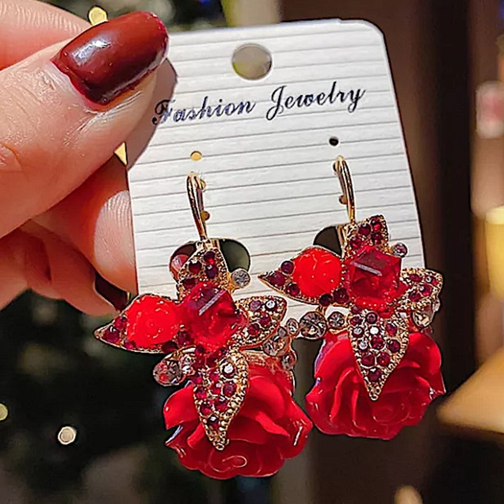 Rhinestone Rose Drop Flower Earrings - Picture 3 of 8